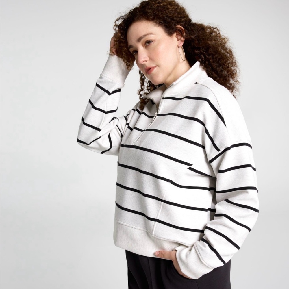 (NWT) CALIA Soft Scuba Ottoman Mock Neck 1/4 Zip in Cloud Cover Heather Stripe - Picture 9 of 16